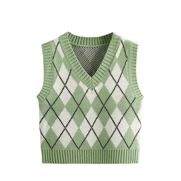 Chaleco tipo suéter SweatyRocks Plaid Geo sin mangas con cuello en V, color verde menta