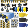 Batman Party Decorations and Favors Kit - â€œHappy Birthdayâ€ Jointed Banner, Large Garland 7ft, Hanging Swirls, Table Cover, Streamers (blue, yellow, black) Straws, Stickers, Balloons and Tattoos