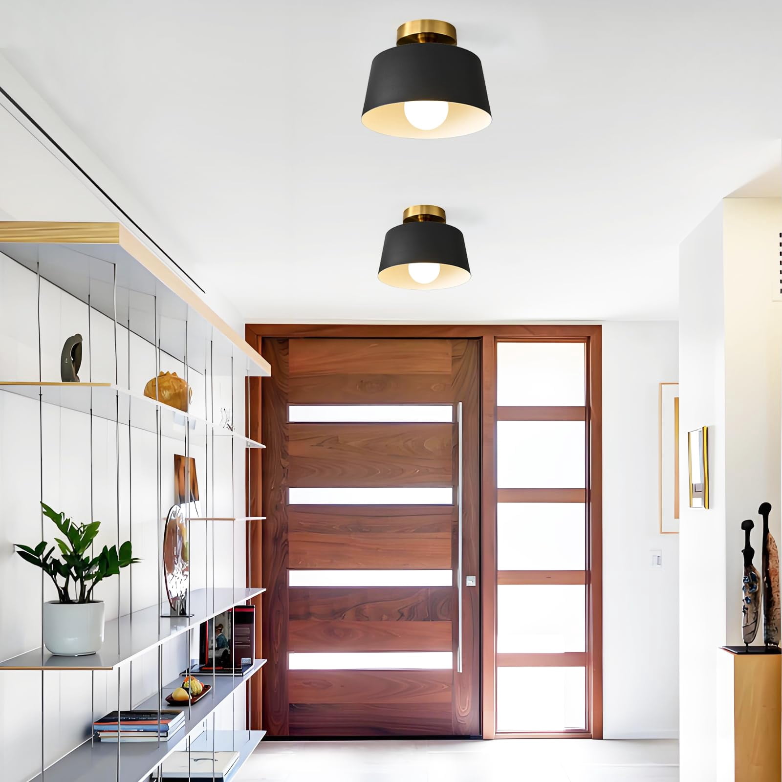 Modern Semi Flush Mount Ceiling Light 2 Pack,Metal Ceiling Light Fixture,E26 Ceramic Lamp Head,Black and Gold Ceiling Lamp for Hallway Kitchen Entryway Bedroom Laundry Room
