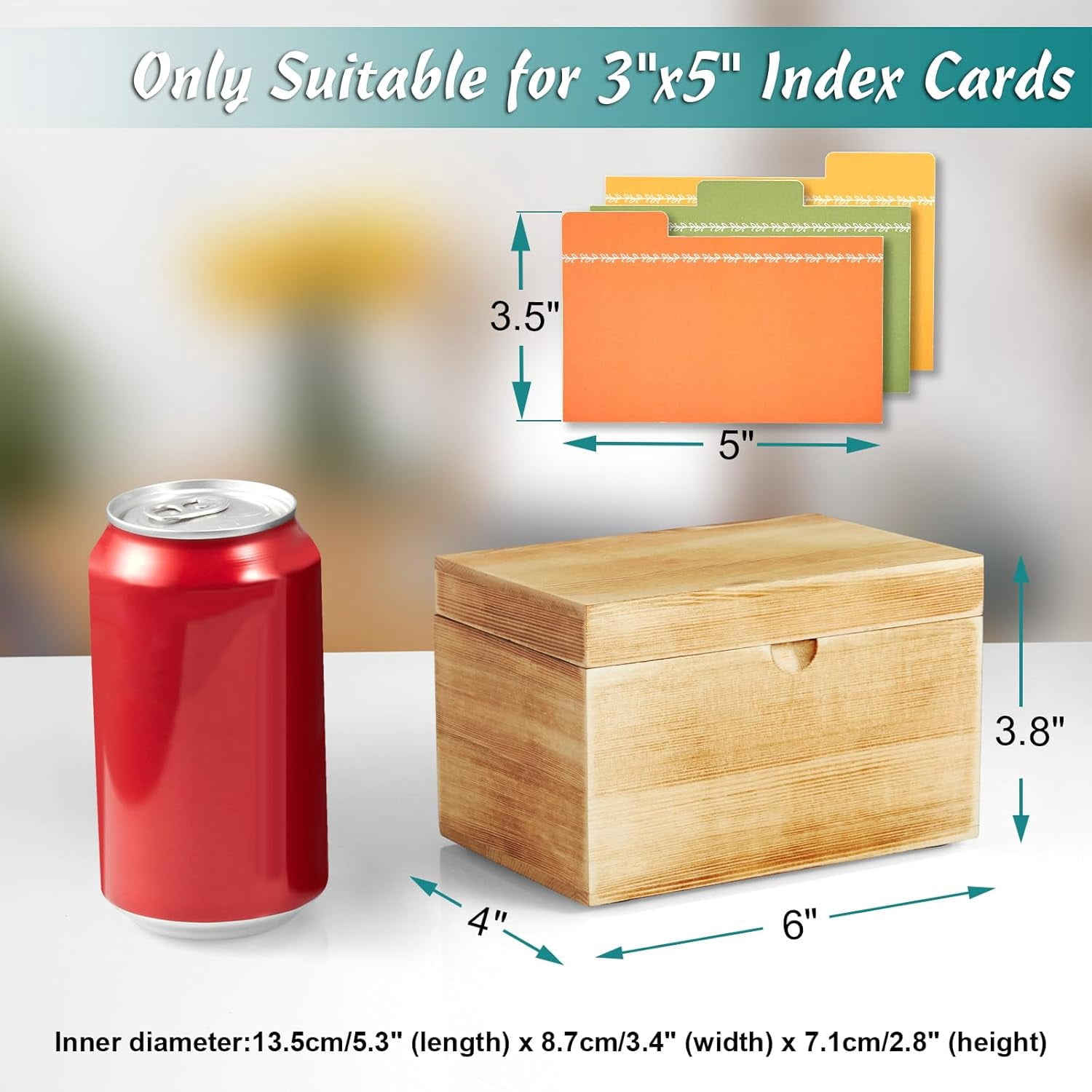Index Card Holder, 3x5 Index Card Box, Wooden Index Card Organizer with 45 Dividers, Flashcard Notecard Holders for Home Office, Brown