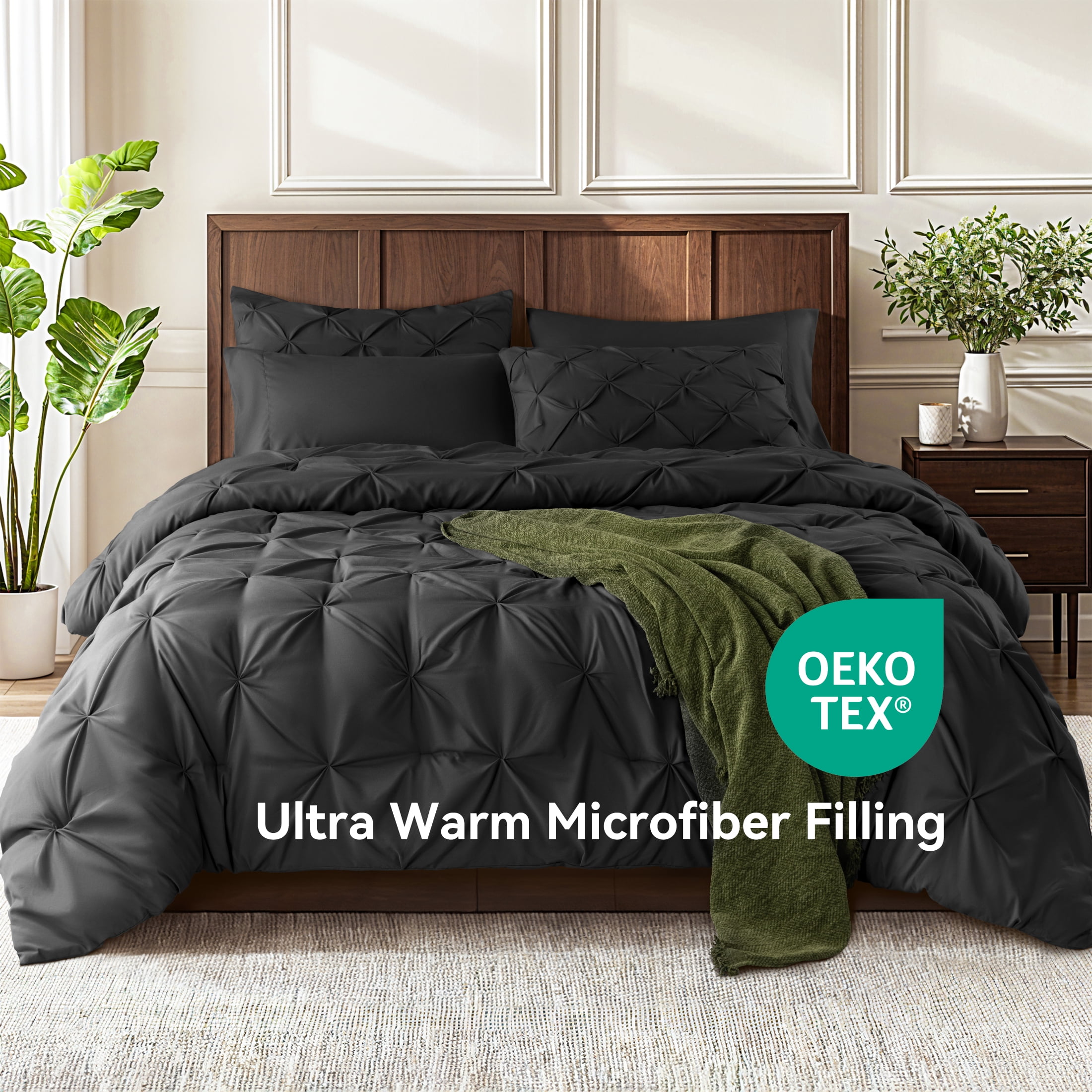 SONORO KATE Twin XL Comforter Set, 5 Pieces Bedding Sets for All Season, Bed in a Bag with Pleated Comforter - Flat Sheet & Fitted Sheet - Pillowcases & Shams, Black
