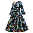 thumbnail image 1 of Robe de Cocktail Vintage pour Femmes des Années 1950 Rétro Imprimée avec Nœud, Manches Longues, Robe de Bal Évasée, Robe Midi Évasée, 1 of 7