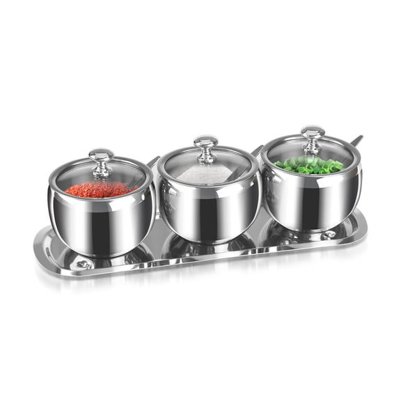3 Grids 10 Oz Stainless Steel Sugar Bowl with Spoon Tray Lid, Silver Salt Spice Containers Dispenser Set, Sugar Jar Holder Dish for Coffee Bar Storage Seasoning Kitchen Countertop