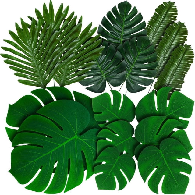Hojas de Palma Artificiales para Decoración de Fiestas Tropicales, Set Tropical Artificial Dorado Y Verde Monstera Suministros, Planta de Fiesta Manteles Individuales