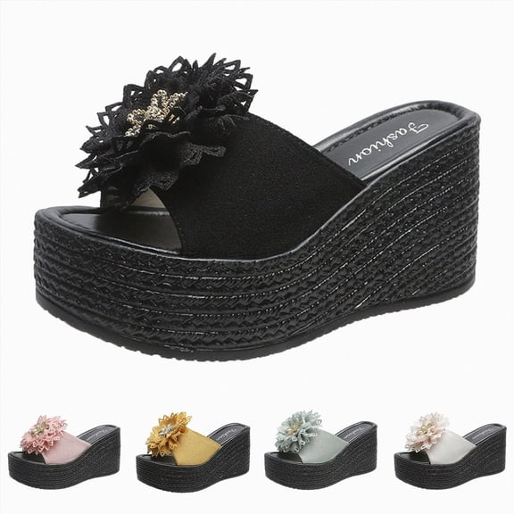 Women's Platform Beach Slippers Comfortable Slip on Wedge Sandals Open Toe Summer Casual Dress Heels Flower Summer Thong Mules Shoes