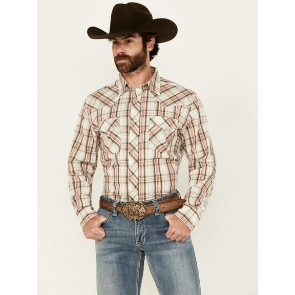 Wrangler Men's 20X Plaid Print Long Sleeve Snap Stretch Western Shirt Brown