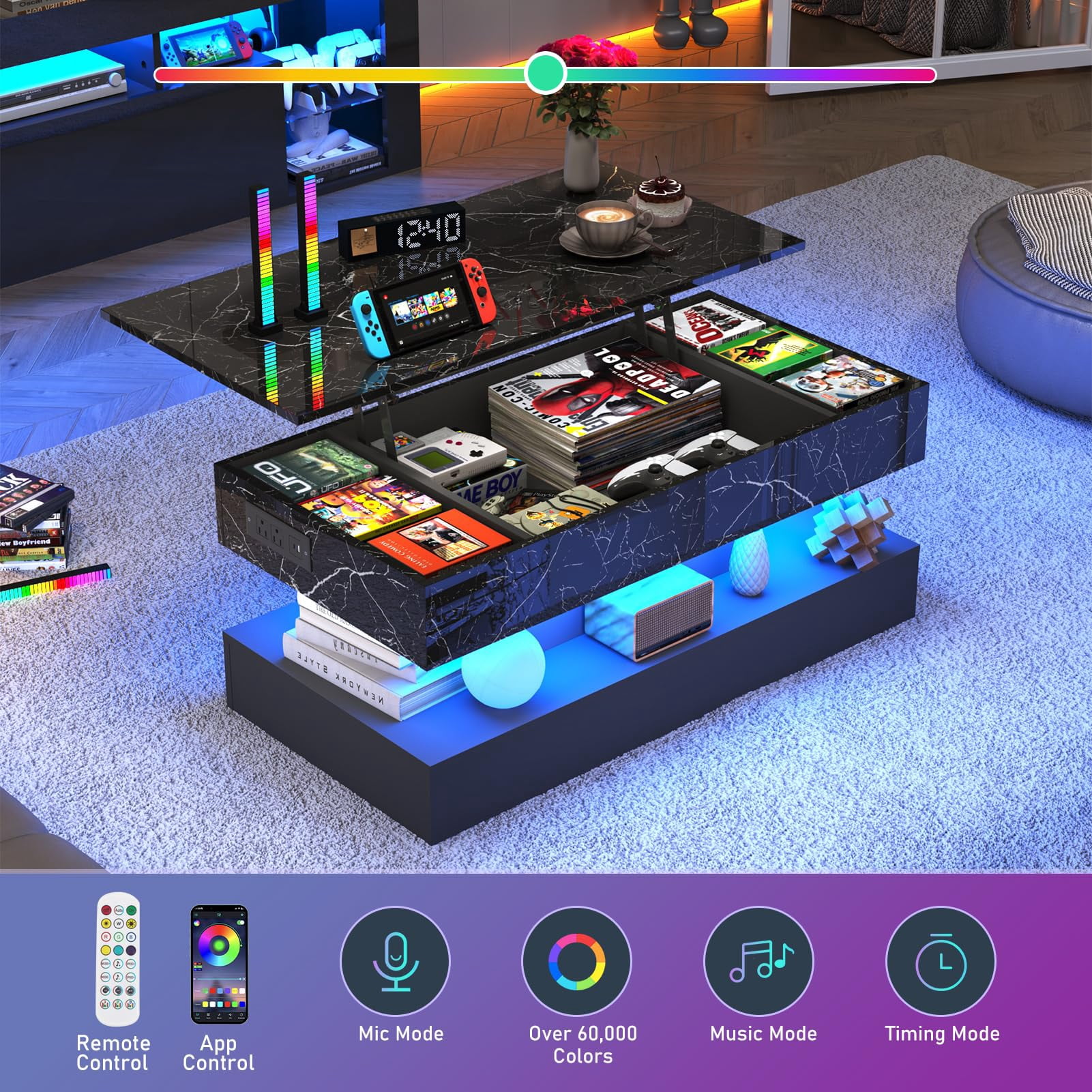 ChVans 39.4" Large Lift Top Coffee Table with Charging Station & LED Lights, Black High Glossy LED Coffee Table with Hidden Compartment Storage, Modern Living Room Tables
