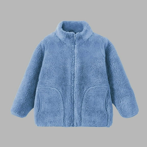 AINIYS Coral Fleece Coat for Kids Full-Zip Stand neck Jacket with Pocket Double-Sided Fleece Top Fall Winter Warm Outerwear Blue 5 Years