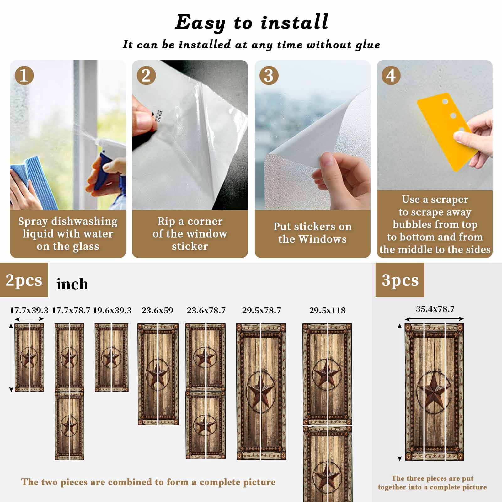 Western Farmhouse Window Privacy Film, Primitive Rustic Country Retro Texas Star Static Cling UV Sun Blocking Heat Control Window Tint, Non-Adhesive One Way Windows Privacy Cover 17.7''x78.7''