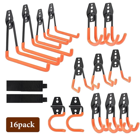 Storvive 16 Pack Garage Hooks with Garage Organization, Mop Broom Holders, Wall Mount Double Utility Hooks, And Tool Hangers