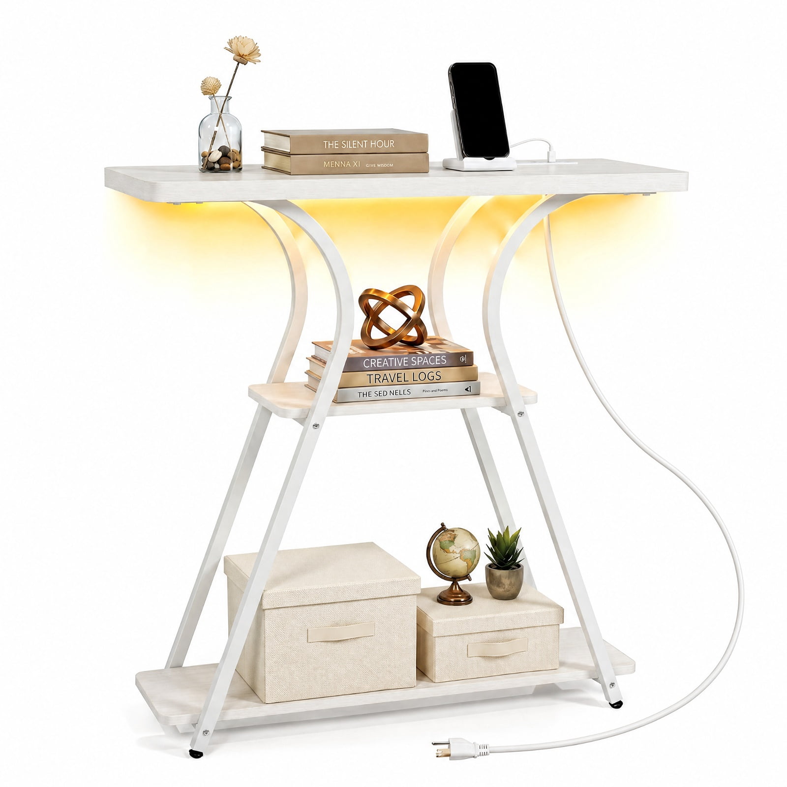 Furnibear 32 Inch Thin Entryway Table with USB Type-C AC Outlets 16-Color RGB LED Lights and 3-Tier Open Shelves for Narrow Hallway, Oak