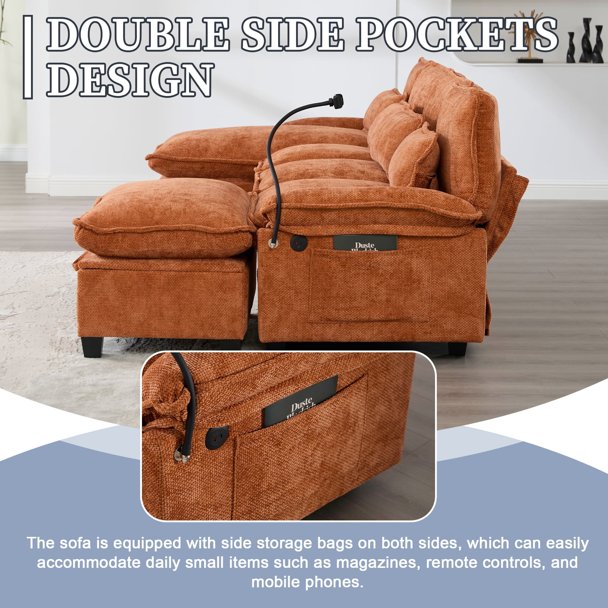 MOONMISS Chenille Upholstered Oversized U-shaped Comfy Modular Sectional Sofa with Storage Ottoman-Orange