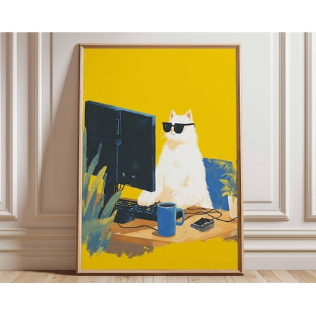 Cool Cat Computer Quirky Wall Art Print, Unframed Paper Poster 8x10in