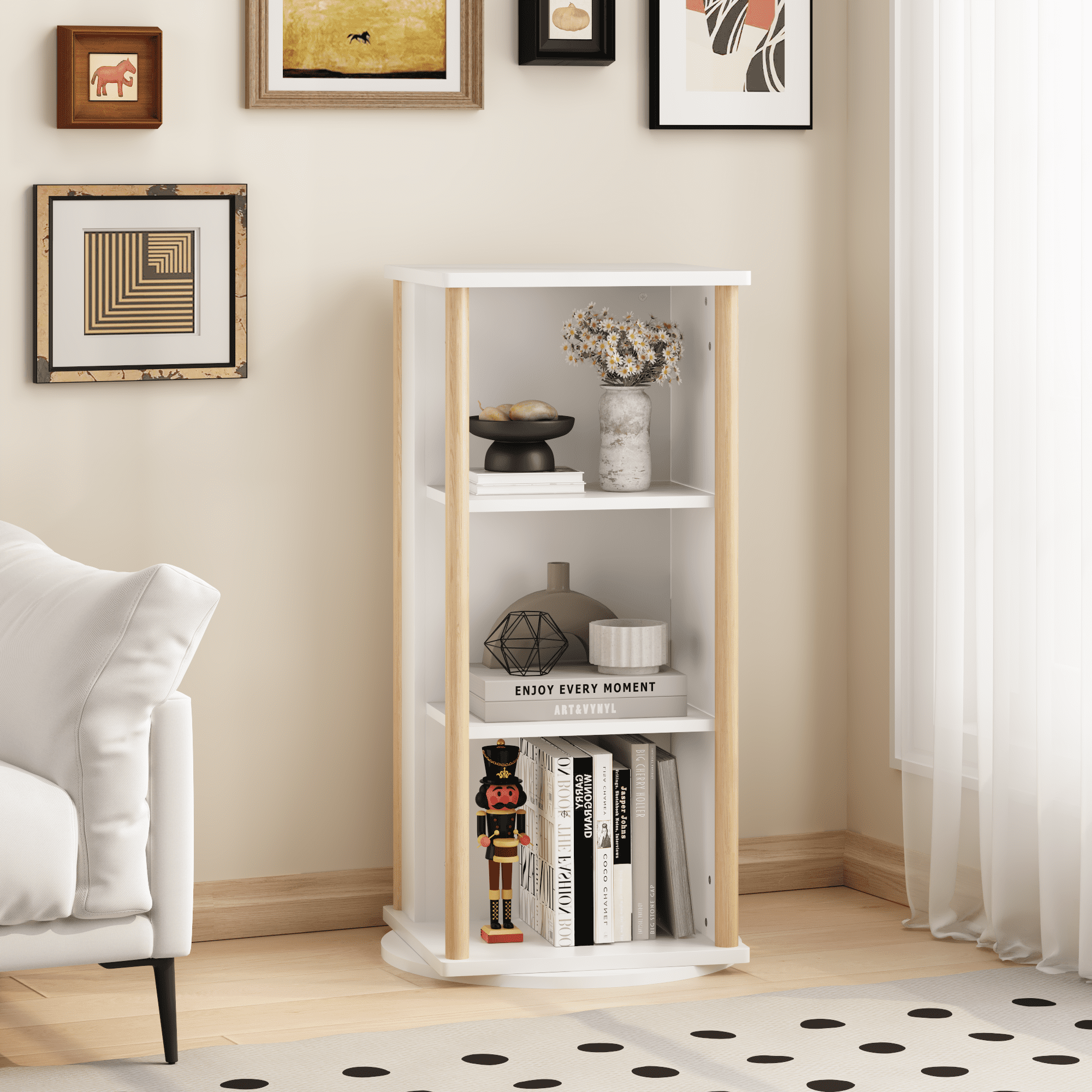 360° Rotating Kids Bookshelf with Chalkboard, 3-Tier Wood Floor Revolving Bookcase & Toy Storage Organizer, Picture Book Display Stand for Toddlers, Nursery & Playroom, White and Natural