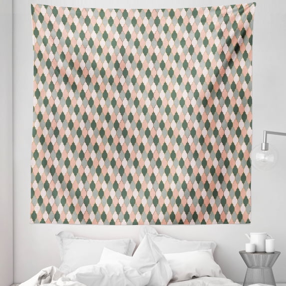 Moroccan Tapestry, Pastel Colored Quatrefoil Grid Pattern Folk Ethnic Culture Repetition, Fabric Wall Hanging Decor for Bedroom Living Room Dorm, 5 Sizes, Peach and Jade Green, by Ambesonne