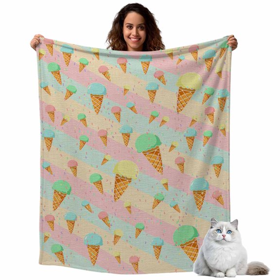 Colorful Ice Cream on Stripes Throw Blanket Flannel Fleece Throws, Vintage Linen Texture Lightweight Super Soft Warm Blankets for Couch Sofa Bed All Season Use,40x60 IN