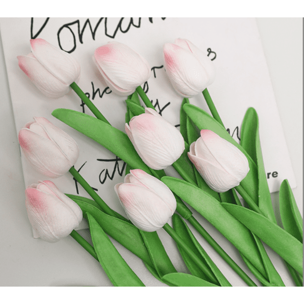 Xiao Hua 12 flores artificiales de tulipán, flores falsas, flores artificiales para decoración de bodas, blanco y rosa