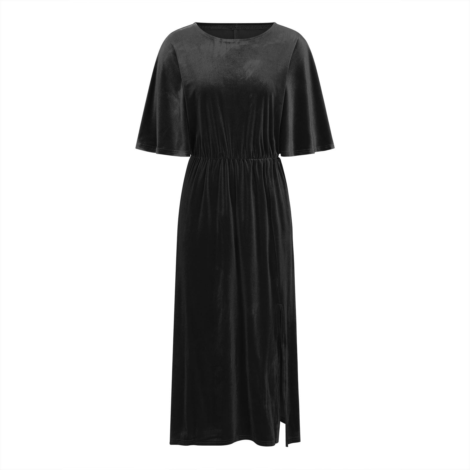 Women's Velvet Dresses Round Neck Bell Sleeve T-Shirt Dress High Split Elastic Waist Solid Dressy Dress Cocktail Party Wedding Midi Dress Black,XL