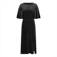thumbnail image 6 of Women's Velvet Dresses Round Neck Bell Sleeve T-Shirt Dress High Split Elastic Waist Solid Dressy Dress Cocktail Party Wedding Midi Dress Black,S, 6 of 6
