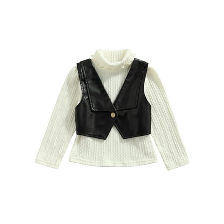 

Canrulo Toddler Baby Girl Clothes Long Sleeve Knitted High Collar Sweater Tops with Leather Vest 2Pcs Fall Winter Outfits Beige 12-18 Months