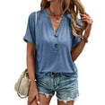 thumbnail image 4 of Siilsaa Womens Tshirts V Neck Short Sleeve Buttons Tops Tee Solid Color Blouse Loose Fit Blue,XL, 4 of 5