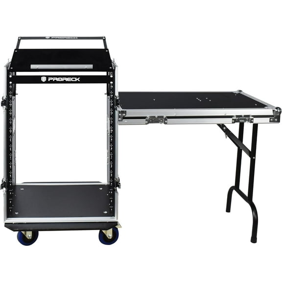 PRORECK 16U Rack/Road Case with Slant Mixer Top, One Side Table and Casters, 20'' Rackable Depth, Plywood, 16U Installation Size, Pro Stage Performance