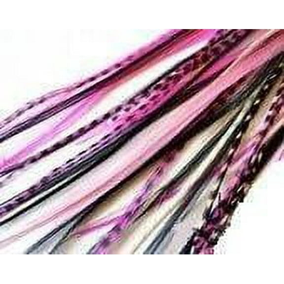Feather Hair Extension Pink & Black Mix 4-7 Feathers for Hair Extension Includes 2 Silicone Micro Beads 5 Feathers