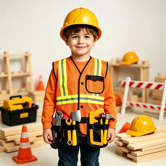 JIAYUE Kids Role‑Play Set Sleeveless Button‑Front Vest With Reflective Striped Toy Hat & Tool Accessories Dress‑Up Outfit for Casual Party