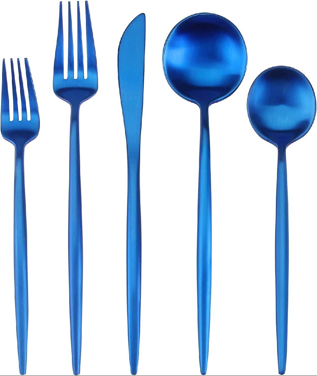Matte Blue Silverware Set, 5Piece Stainless Steel Satin Finish