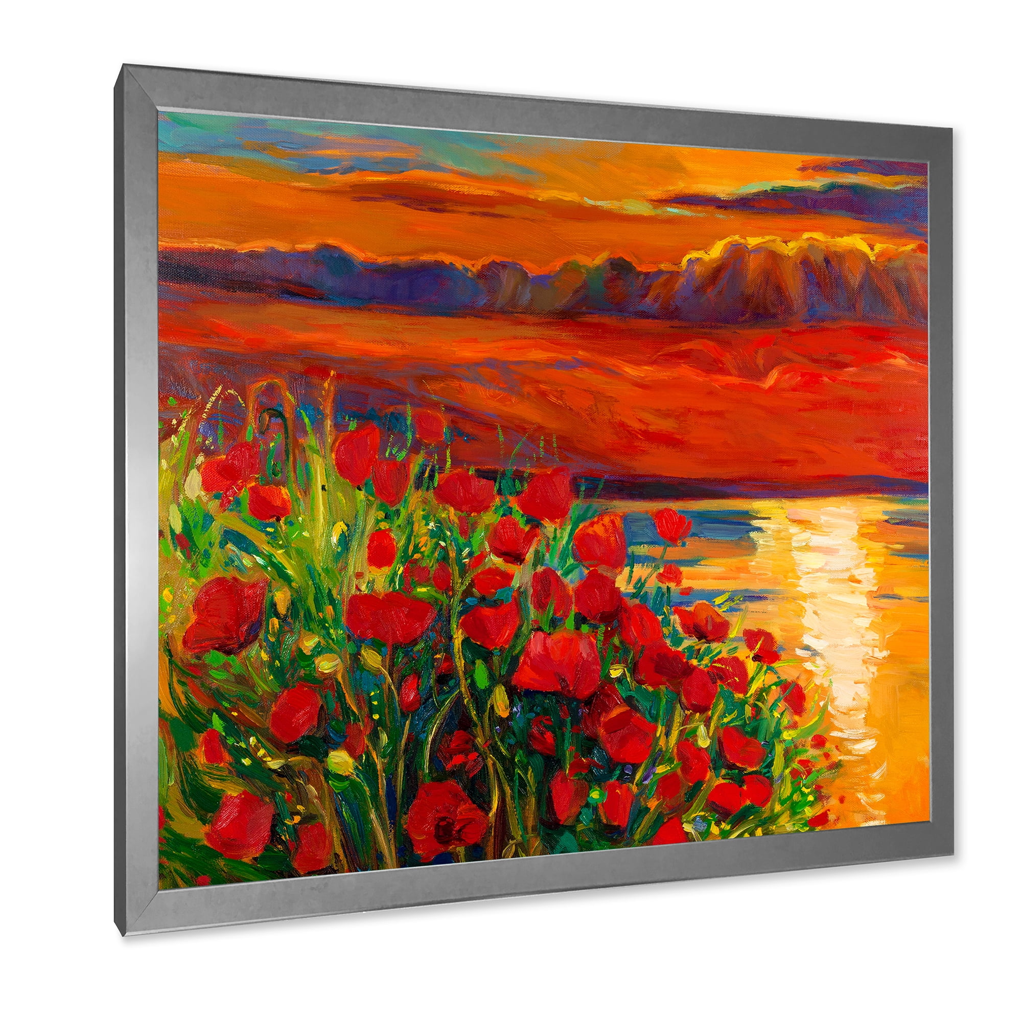 Designart 'Red Poppies By The Ocean During Evening Glow' Nautical & Coastal Framed Art Print