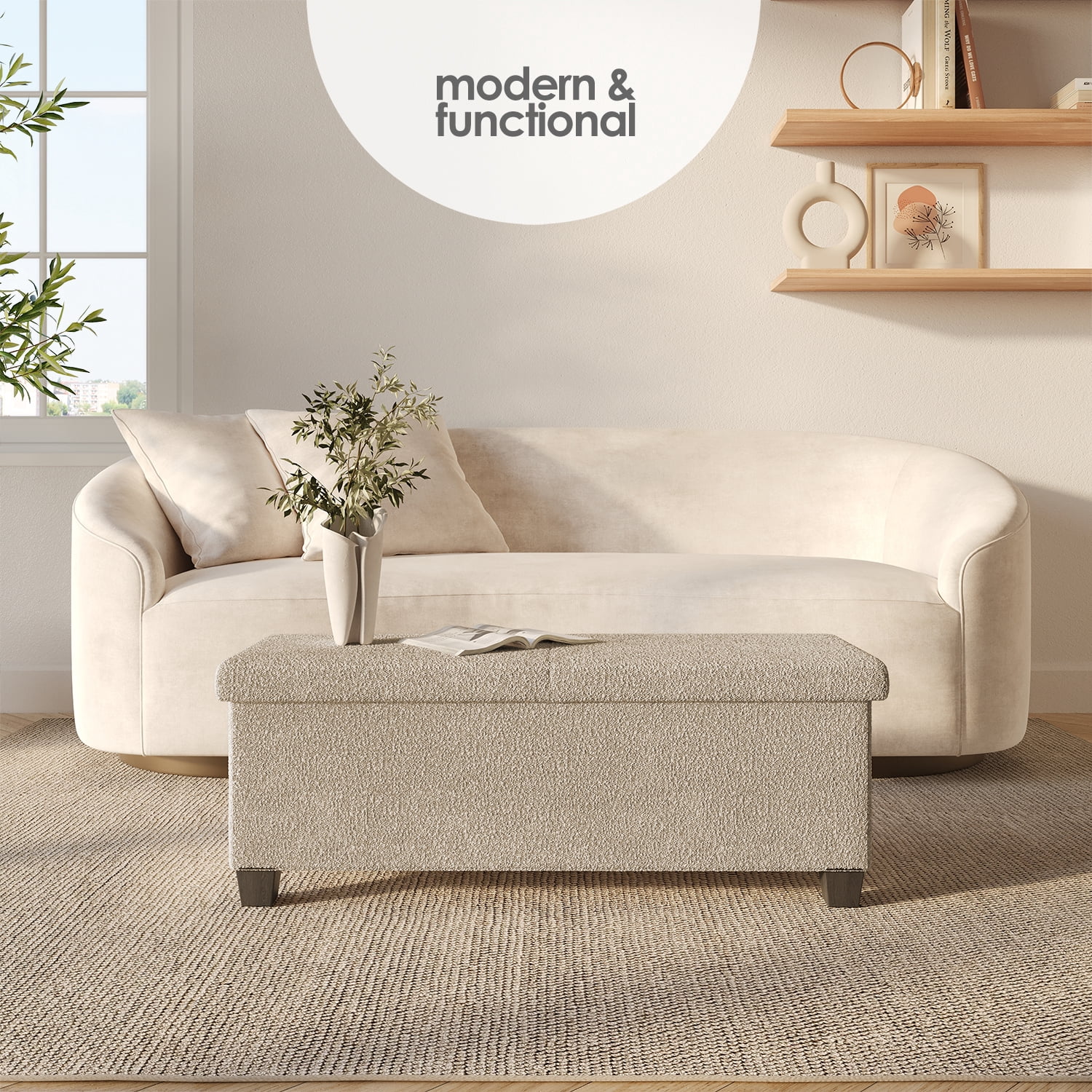 Hearth & Harbor Storage Ottoman Bench, Boucle 43" Ottoman with Storage , Beige