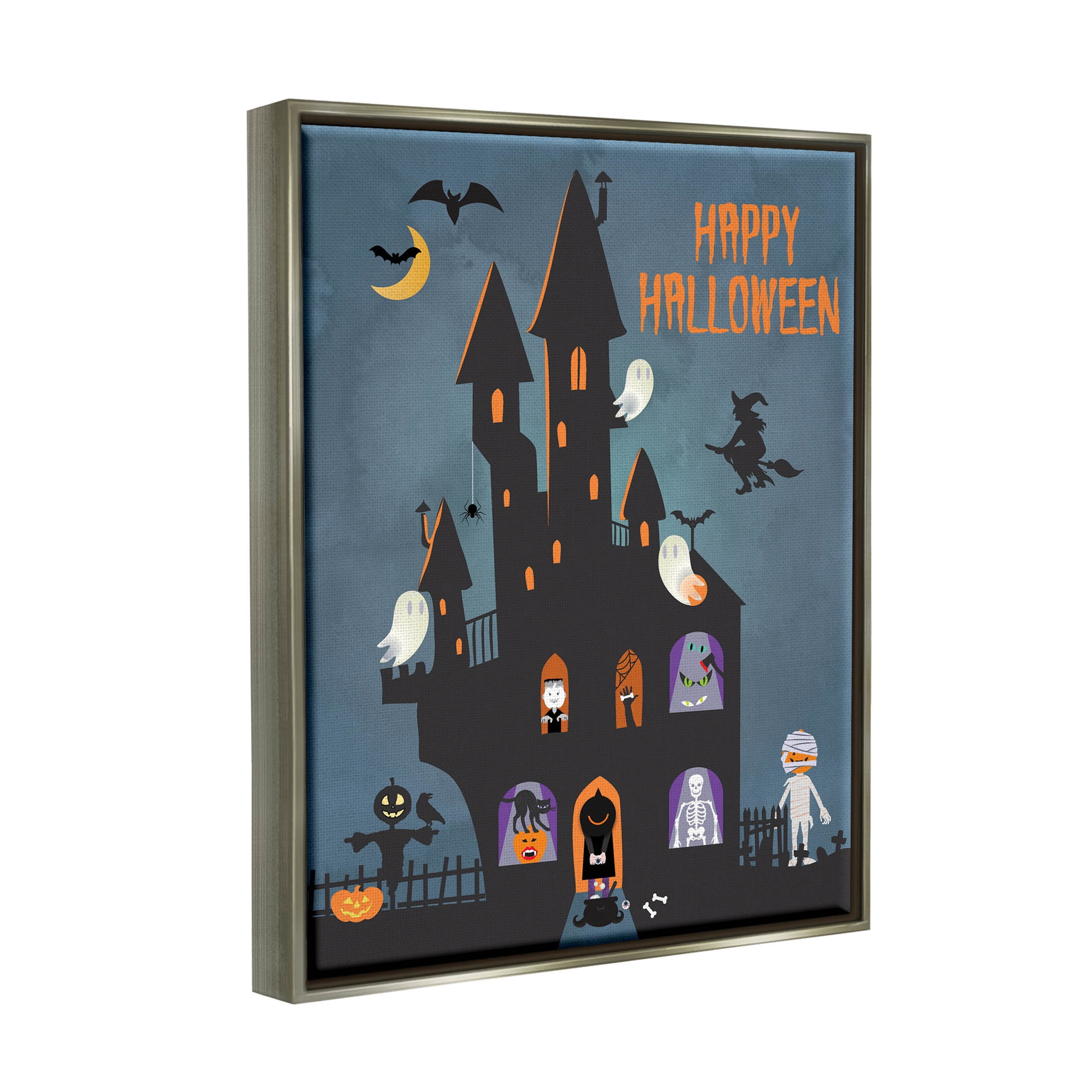 Happy Halloween Haunted Ghost House Holiday Graphic Art Luster Gray Framed Art Print Wall Art