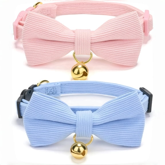 2Pack Soft Corduroy Cat & Dog Collars with Bow Tie & Bell, Adjustable Breakaway Safety Collar for Small Pets