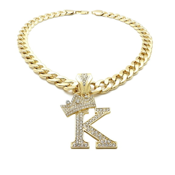 iJewelry2 Kings and Queens Crowned Initial Letter K Crystals Pendant Gold-tone Cuban Linked Chain Necklace