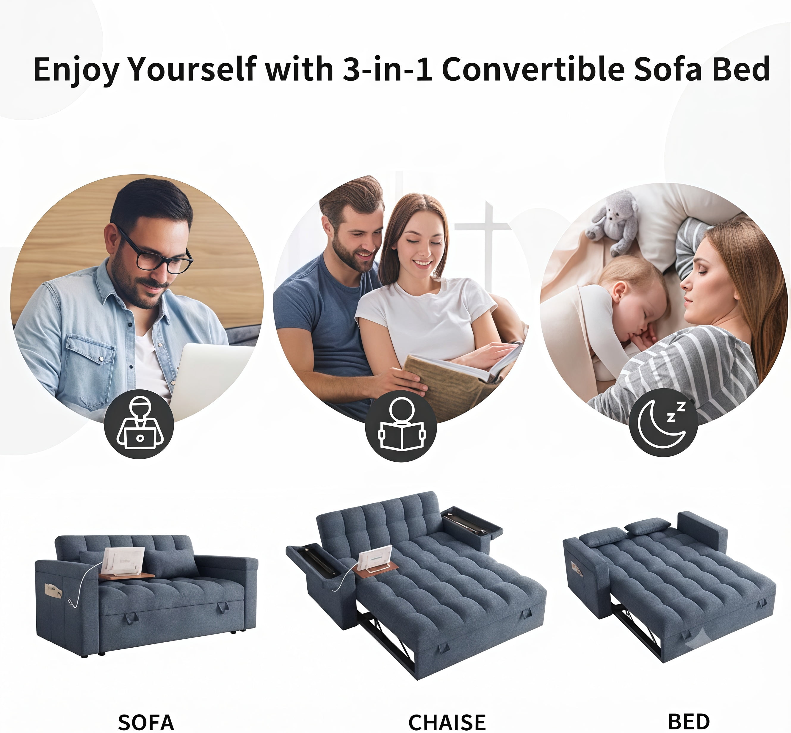 avobird 65" 3-in-1 Convertible Sofa Bed, Pull Out Loveseat with Chenille Fabric/Hidden storage space/Cup holder, Sleeper Sofa Bed for Living Room, Blue