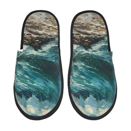 Balery Blue Ocean Waves Slient Indoor Furry Fleece Comfort House Shoes Soft Non-Slip Home Shoes Cotton slippers House Slippers-- Medium
