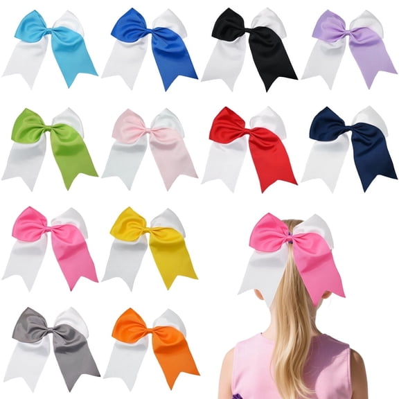 JoyBowie 7.5 12pcs Inch Green White Cheer Bow for Girls, Satin Ribbon Hair Clips for Kids Cheerleading Game Day Hairstyles