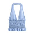 thumbnail image 4 of HH TRAF Top sexy de cuello halter decorado con botones a rayas azules para mujer, elegante, sin mangas, con volantes y espalda descubierta, 4 of 5
