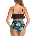 thumbnail image 2 of ZECATL Women High Waisted Bikini Ruffle Swimsuit Flounce Pom Pom Trim Two Piece Bathing Suit Black Leaves (S, 2 of 6