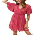 thumbnail image 1 of Femmes Casual Mousseline Mini Robe Manches Courtes Point Imprimé V Cou Taille Haute une Robe de Ligne d'Été Robe de Plage, 1 of 2