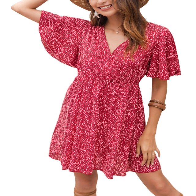 Femmes Casual Mousseline Mini Robe Manches Courtes Point Imprimé V Cou Taille Haute une Robe de Ligne d'Été Robe de Plage