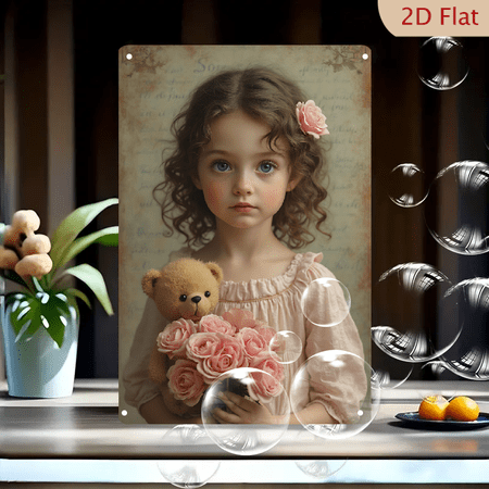 1pc Metal Wall Sign, 8x12 Inches, Adorable Girl with Roses and Teddy Bear Decorative Sign, Perfect for Nursery, Child's Room, Playroom, Home Decor, Gift Idea, Creative Wall Art, Holiday