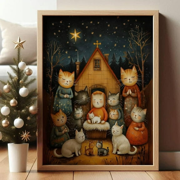 Zuno Folk Art Cat Nativity Scene Christmas Poster, Whimsical Holiday Cat Wall Art, Xmas Cat Lover Home Decor, Un- Wall Art Print, 8x12 UNFRAMED