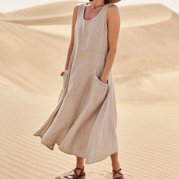 Vestido de verano de algodón y lino para mujer, sin mangas, con cuello redondo y bolsillos