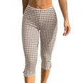 thumbnail image 2 of Womens Gingham Check Capri Leggings Low Rise Slim Fit Yoga Capris Scalloped Waist Casual Cropped Pants with Side Slit Hem Khaki L, 2 of 8
