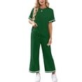 thumbnail image 6 of Women's 2 Piece Sets Summer Casual Short Sleeve Tops Wide Leg Pants Matching Lounge Set Vacation Travel Outfits Green M, 6 of 6