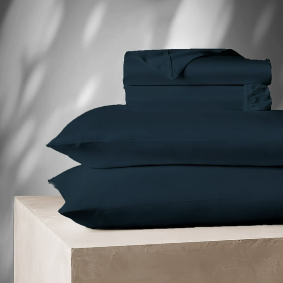 Color Sense 1200 Thread Count Wrinkle-Resistant Super Soft Extra Deep Pocket Hotel Luxury Cotton Blend 4-Piece Sateen Bedsheet Set King Navy
