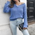 thumbnail image 4 of Lilgiuy Women's Hollow V-neck Sweater Women's Loose Autumn And Winter Long-sleeved European And American Knitted Sweaters New,Sky Blue,6(S) Fall for 2022 Spring Winter, 4 of 5
