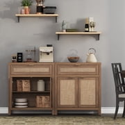 SICOTAS 30 Sideboards Buffets Cabinets with Drawer Set of 2, Boho Rattan Kitchen Storage Cabinets with Adjustable Shelves, Coffee Bar Station in Oak