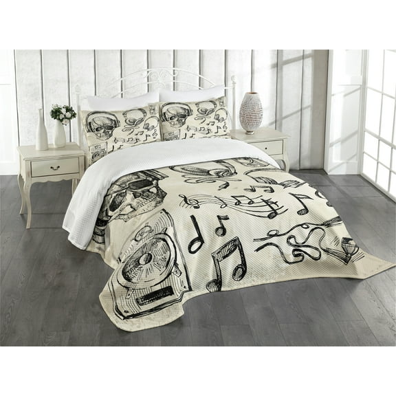 Ambesonne Sketchy Quilted Bedspread Set 3 Pcs, Music Hipster Skull, Queen Size, Beige Black